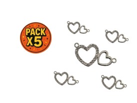 Dije Esmaltado Doble Corazón Plateado con Strass Doble Agarre x 5 Unidades